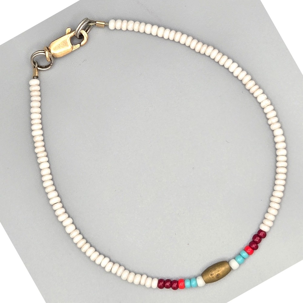 14K Gold Filled Seed Bead Bracelet White Red Turquoise Brass Barrel Bead‎ 6.5"